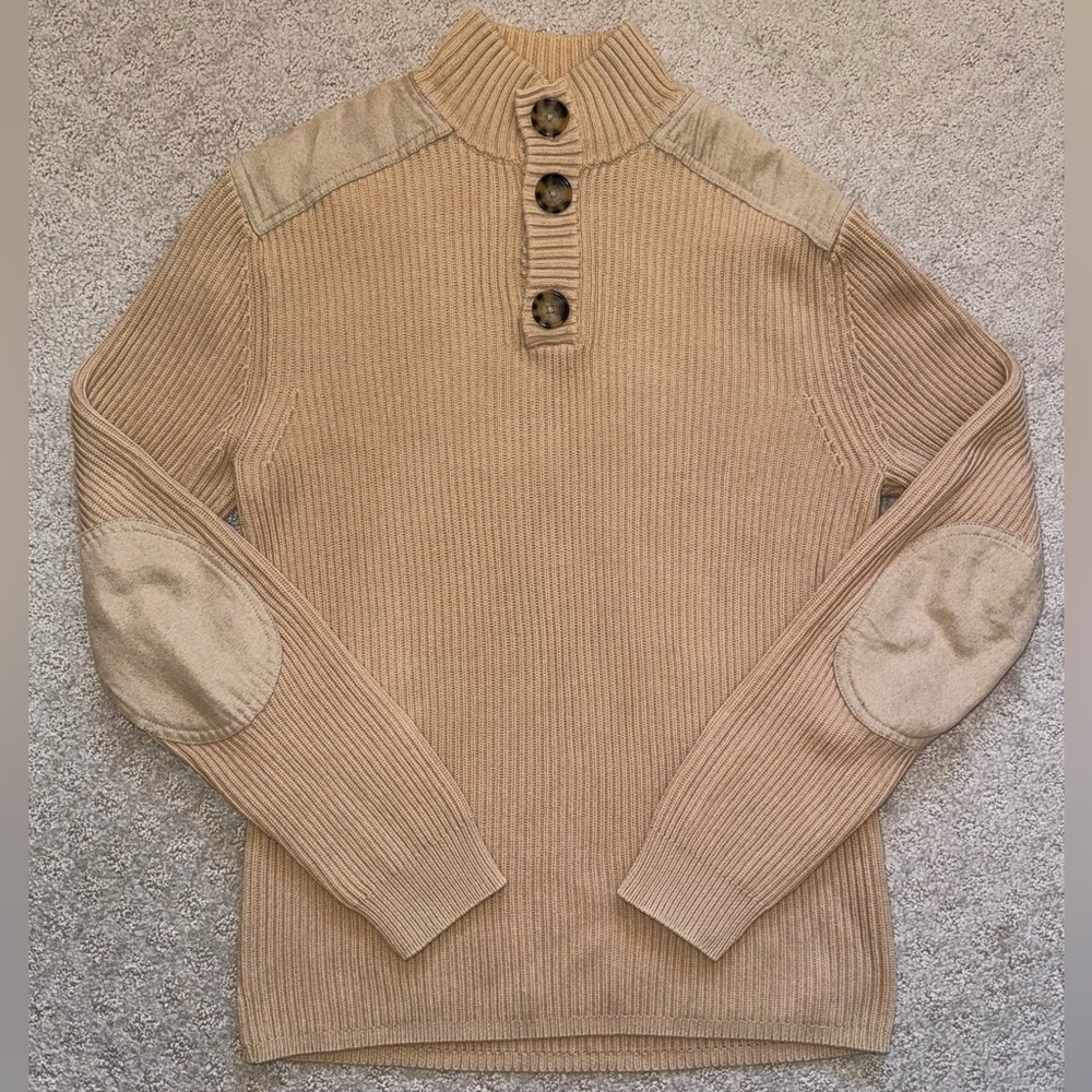 Vintage Banana Republic Tan Camel Elbow Patch Ribbed Sweater Preppy Minimalist